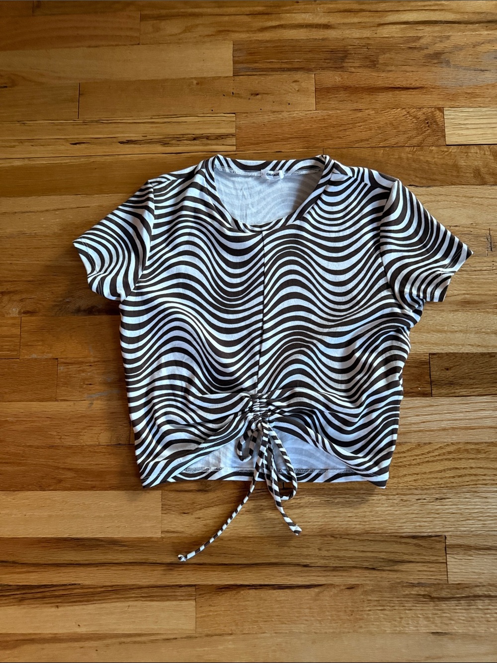GARAGE Striped Wave Tie-Front Crop Top - Brown & White zebra print